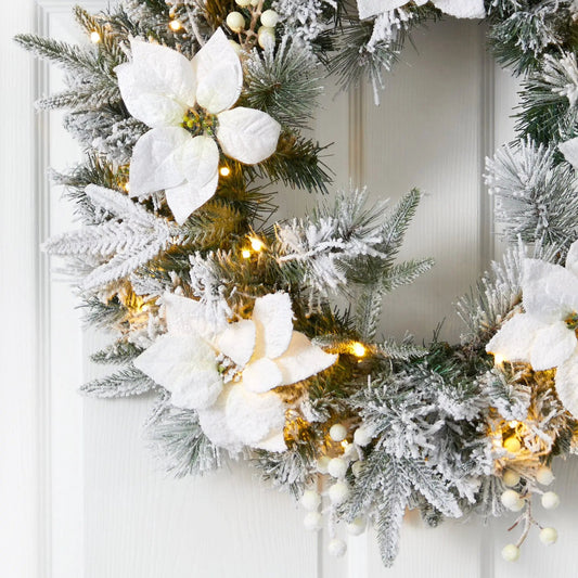 24” Flocked Poinsettia and Pine Artificial Christmas Wreath with 50 Warm White LED Lights - Tampa Home & Garden Store