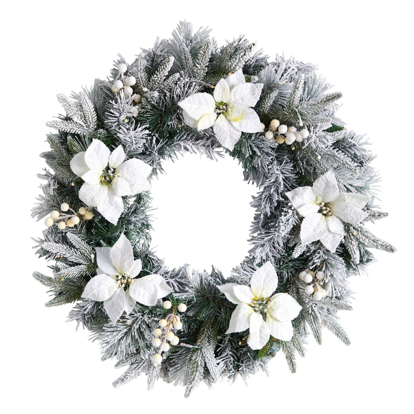 24-inch flocked poinsettia wreath with white poinsettias, frosted pine needles and LED lights on Tampa Home & Garden Store