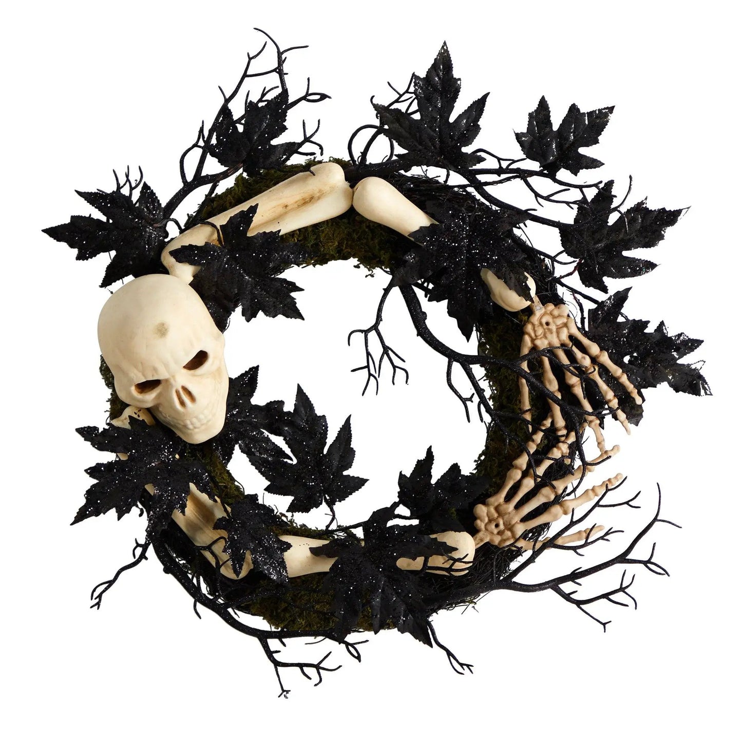 Wreath Nearly Natural Halloween Skull and Bones with beige skulls on black glitter leaves on Tampa Home & Garden Store