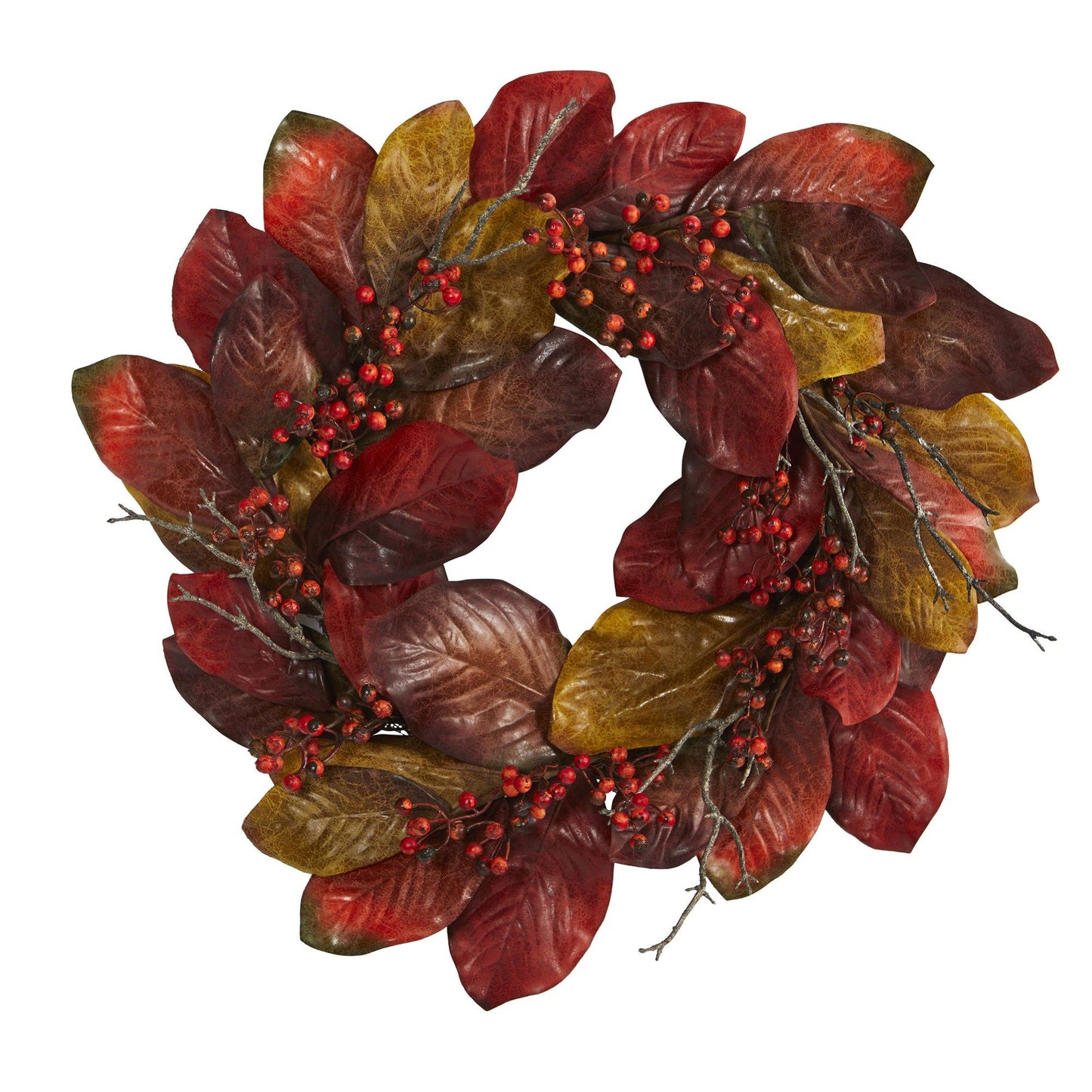 Harvest Magnolia Leaf and Berries Wreath 24in burgundy and gold leaves with red berries on Tampa Home & Garden Store