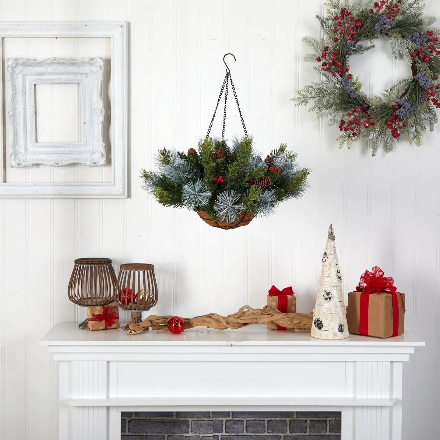 Holiday Prelit Pine and Berries Hanging Basket with green pine and red berries on Tampa Home & Garden Store