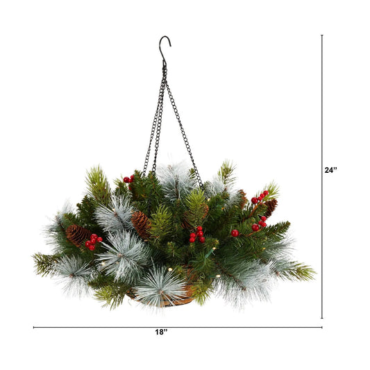 24" Holiday Pre-Lit (30 LED Lights) Pine and Berries Hanging Basket" - Tampa Home & Garden Store