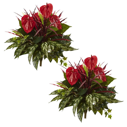 Nearly Natural 24-inch Mixed Anthurium Bushes set of 2 with red blooms and variegated leaves on Tampa Home & Garden Store