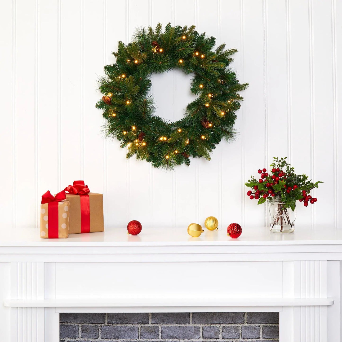 24 Inch Pine Christmas Wreath with warm white LED lights, Nearly Natural pine with pinecones on Tampa Home & Garden Store