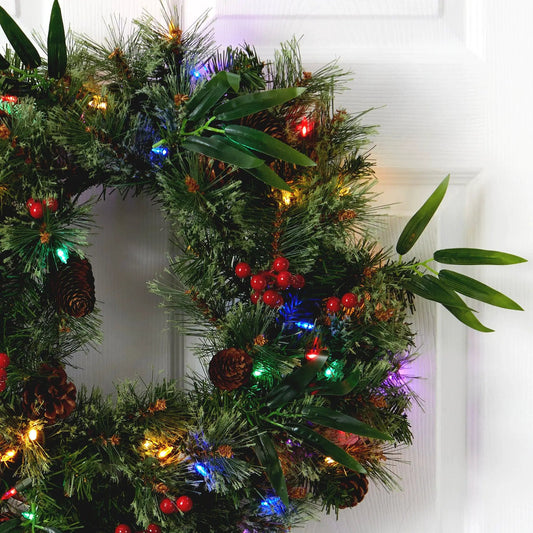 24” Mixed Pine Artificial Christmas Wreath with 50 Multicolored LED Lights, Berries and Pine Cones - Tampa Home & Garden Store