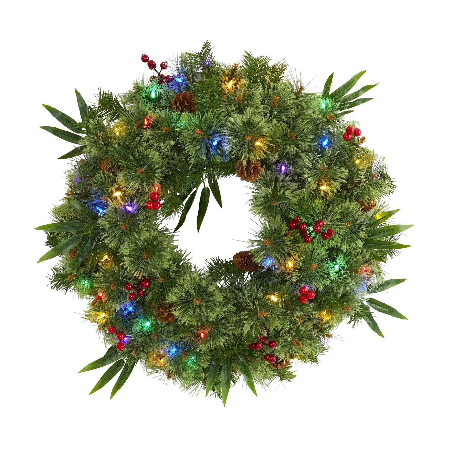 24 Inch Pine Wreath with LED Lights and Berries by Nearly Natural on Tampa Home & Garden Store