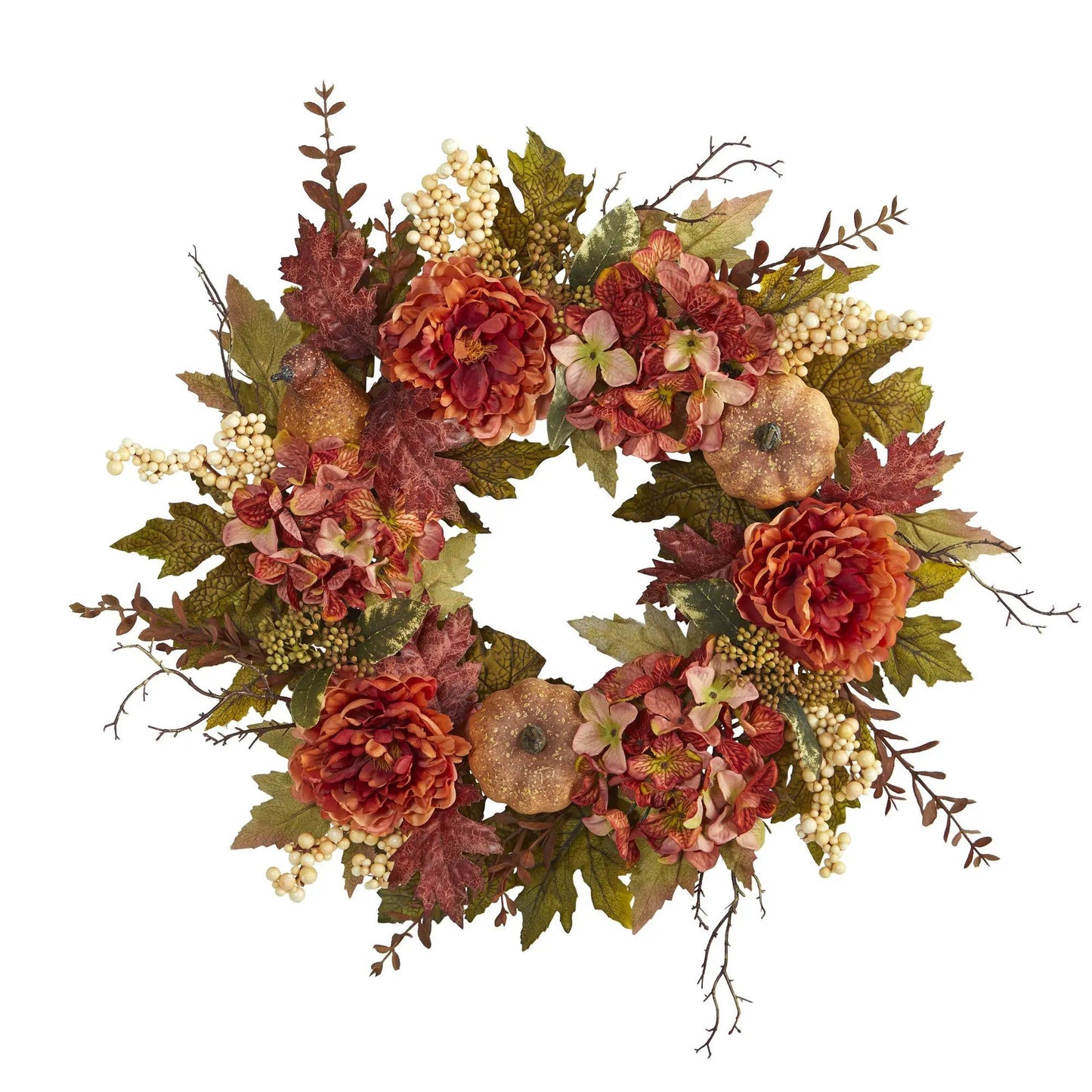 Fall wreath with peonies, hydrangeas, pumpkins and cream berries in autumn colors on Tampa Home & Garden Store