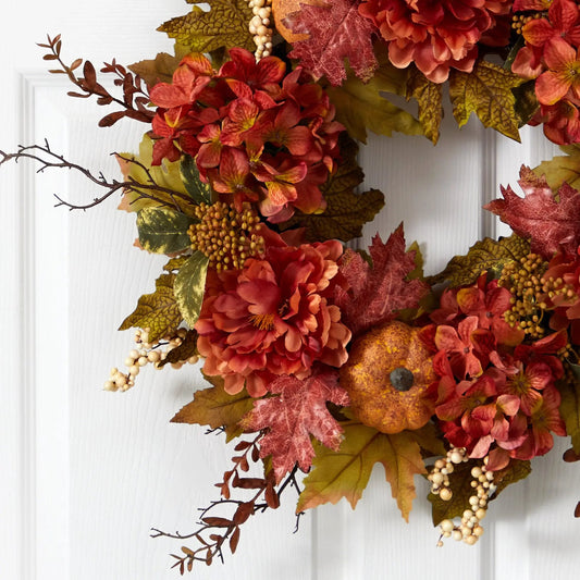 Wreath 24-inch fall arrangement with peonies, hydrangeas and pumpkin accents by Nearly Natural on Tampa Home & Garden Store