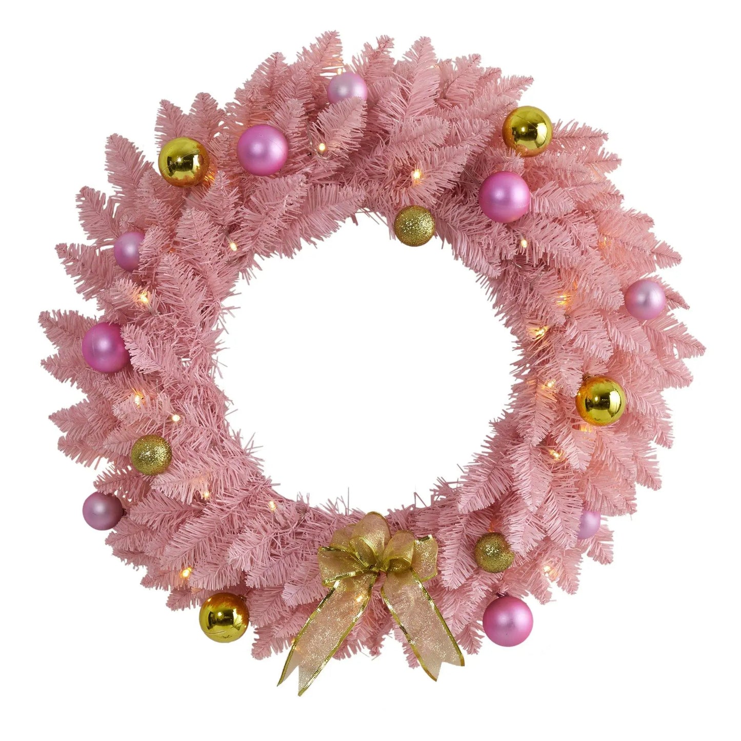 Wreath 24 inch pink Christmas with LED lights, pink and gold ornaments, gold ribbon on Tampa Home & Garden Store