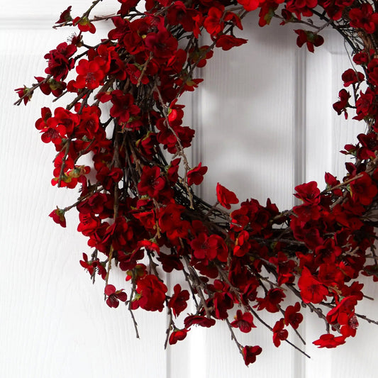 24” Artificial Red Plum Blossom Wreath - Tampa Home & Garden Store