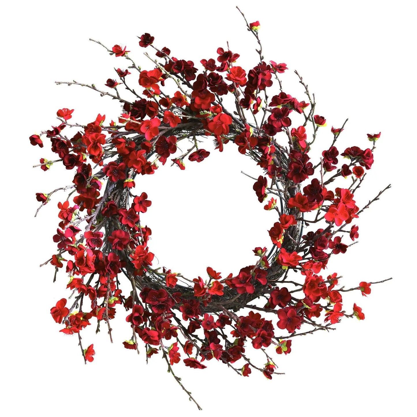 Wreath: Artificial Red Plum Blossom with brown twigs, 24 inch, Nearly Natural on Tampa Home & Garden Store