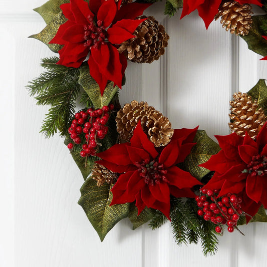 24” Poinsettia, Berry and Golden Pine Cone Artificial Wreath - Tampa Home & Garden Store