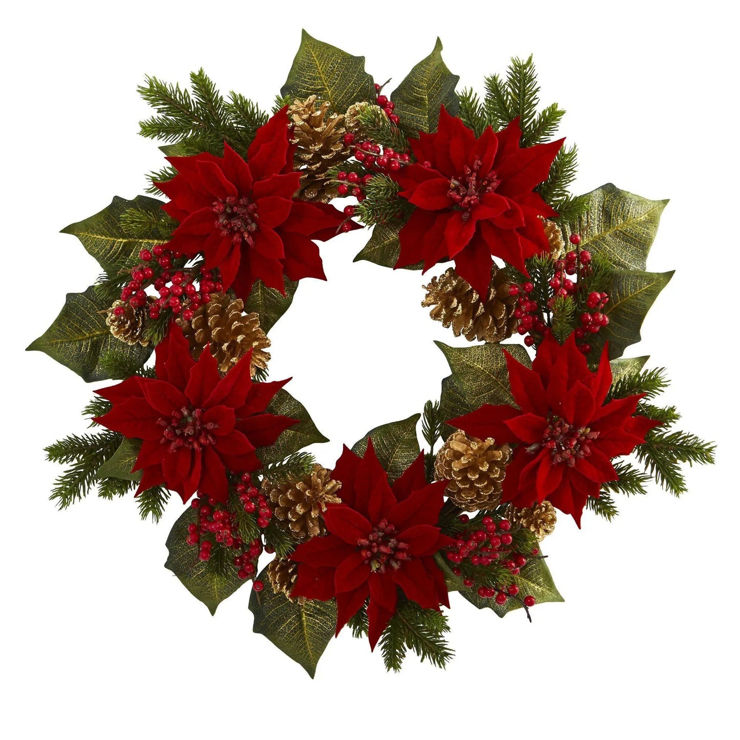 Wreath 24-inch artificial poinsettia berry and golden pine cone Nearly Natural with red blooms and evergreen leaves on Tampa Home & Garden Store