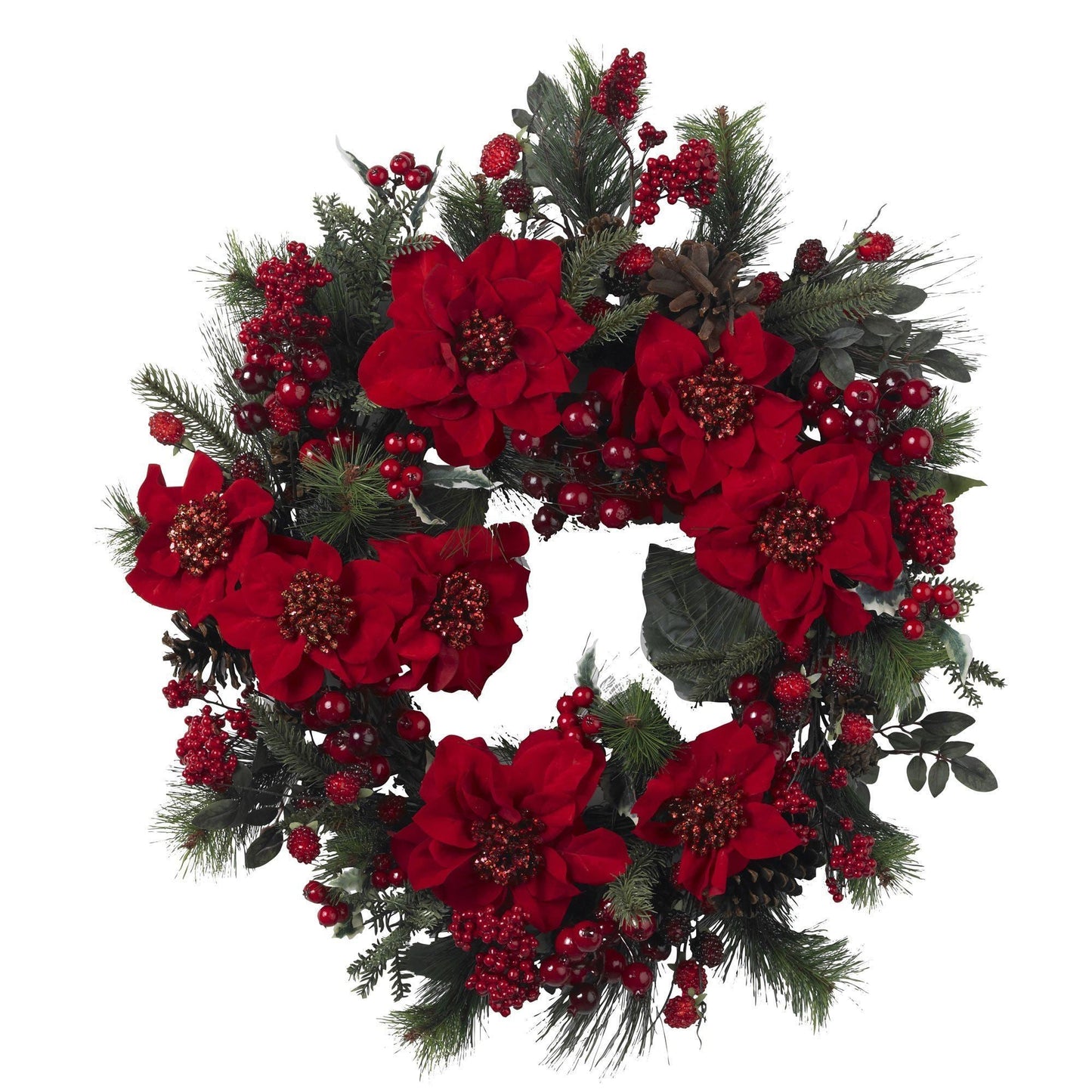 Wreath 24in Poinsettia with red blooms and red berries on pine greenery Nearly Natural on Tampa Home & Garden Store
