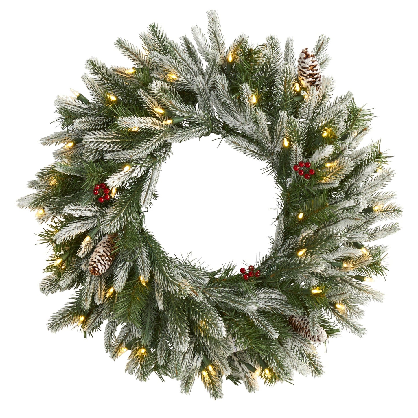 Wreath Nearly Natural 24-inch Snowed artificial wreath with 50 warm white LED lights and pine cones on Tampa Home & Garden Store