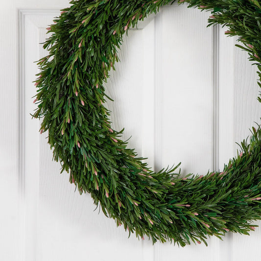 24-inch UV-resistant rosemary wreath with green leaves and pink buds Nearly Natural on Tampa Home & Garden Store