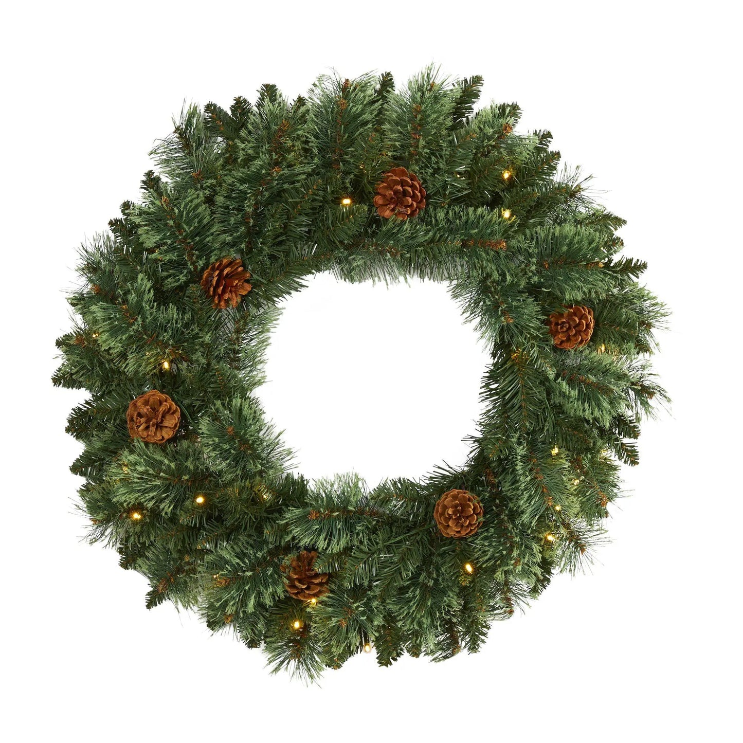 24-inch White Mountain Pine Wreath by Nearly Natural with pinecones and warm lights on Tampa Home & Garden Store