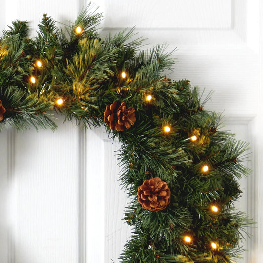 24-inch White Mountain Pine wreath with pinecones and warm LED lights on Tampa Home & Garden Store