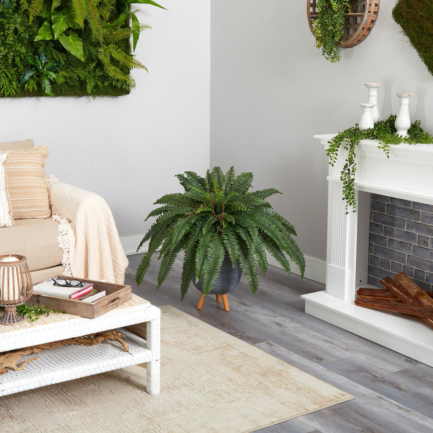 Planta artificial de helecho de Boston de 2,5 pies en maceta gris con soporte