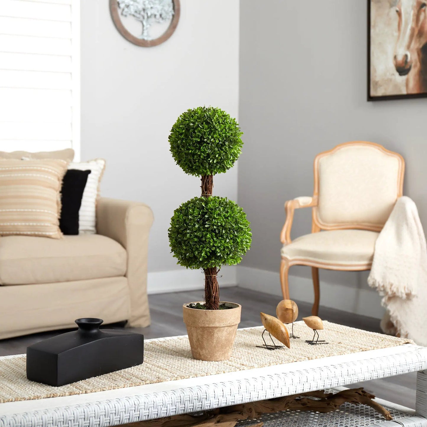 2.5 ft boxwood double ball topiary tree Nearly Natural artificial green foliage in pot on Tampa Home & Garden Store