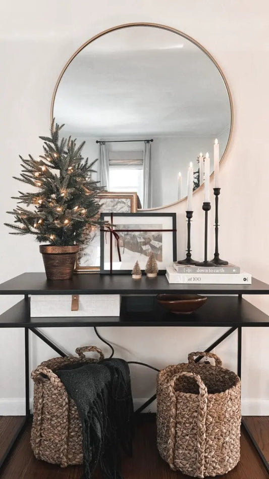2.5-Foot Nearly Natural pre-lit Christmas tree in wicker planter on black console on Tampa Home & Garden Store