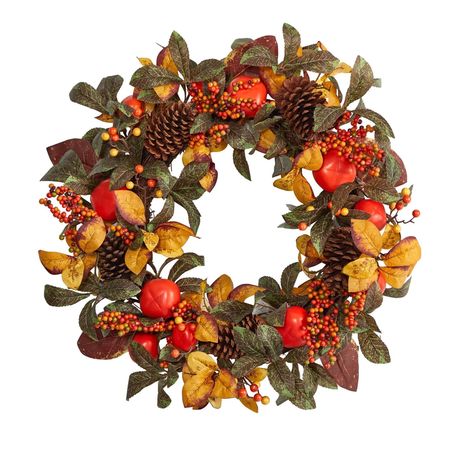 26 Inch Autumn Persimmon and Pinecones Wreath Nearly Natural fall decor with berries on Tampa Home & Garden Store