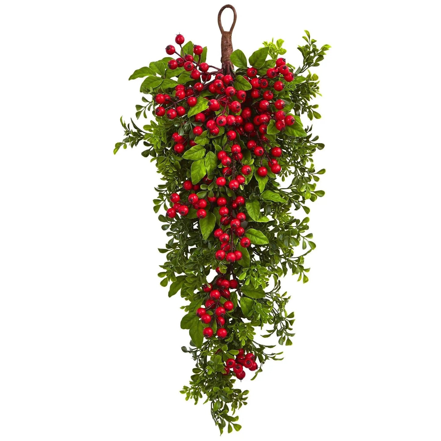 Berry Boxwood Teardrop with Faux Berries, red berries on green leaves by Nearly Natural on Tampa Home & Garden Store