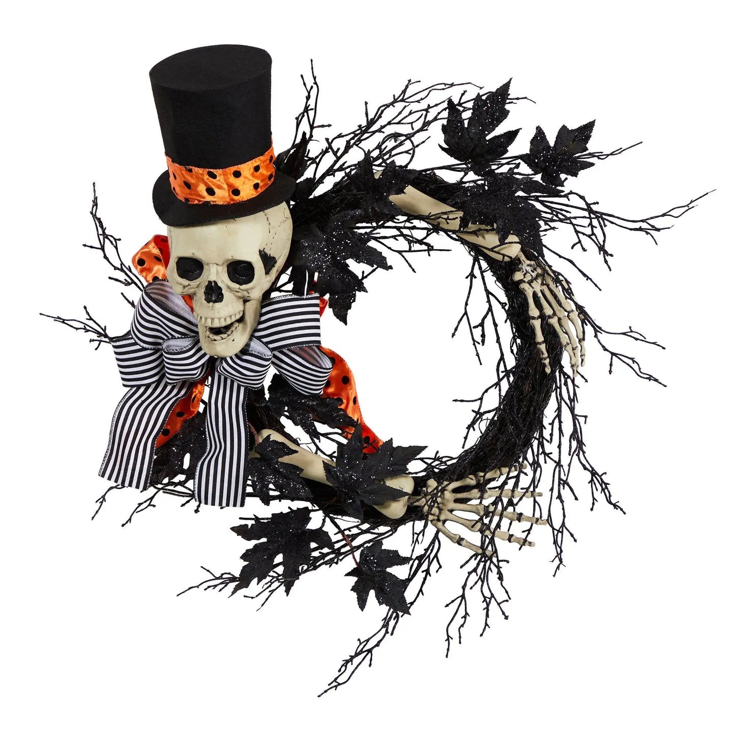 Spooky 26in Skeleton Wreath with top hat, orange bow and black glittery branches on Tampa Home & Garden Store
