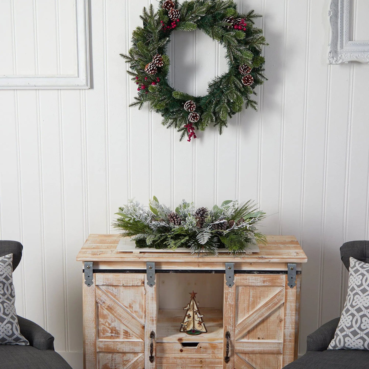 Holiday Flocked Winter Christmas Candelabrum arrangements with pine cones and red berries 2 on Tampa Home & Garden Store