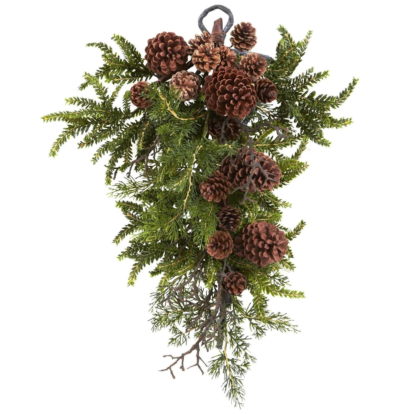 Teardrop decoration with brown pinecones and green evergreen sprigs by Nearly Natural, 26-inch on Tampa Home & Garden Store