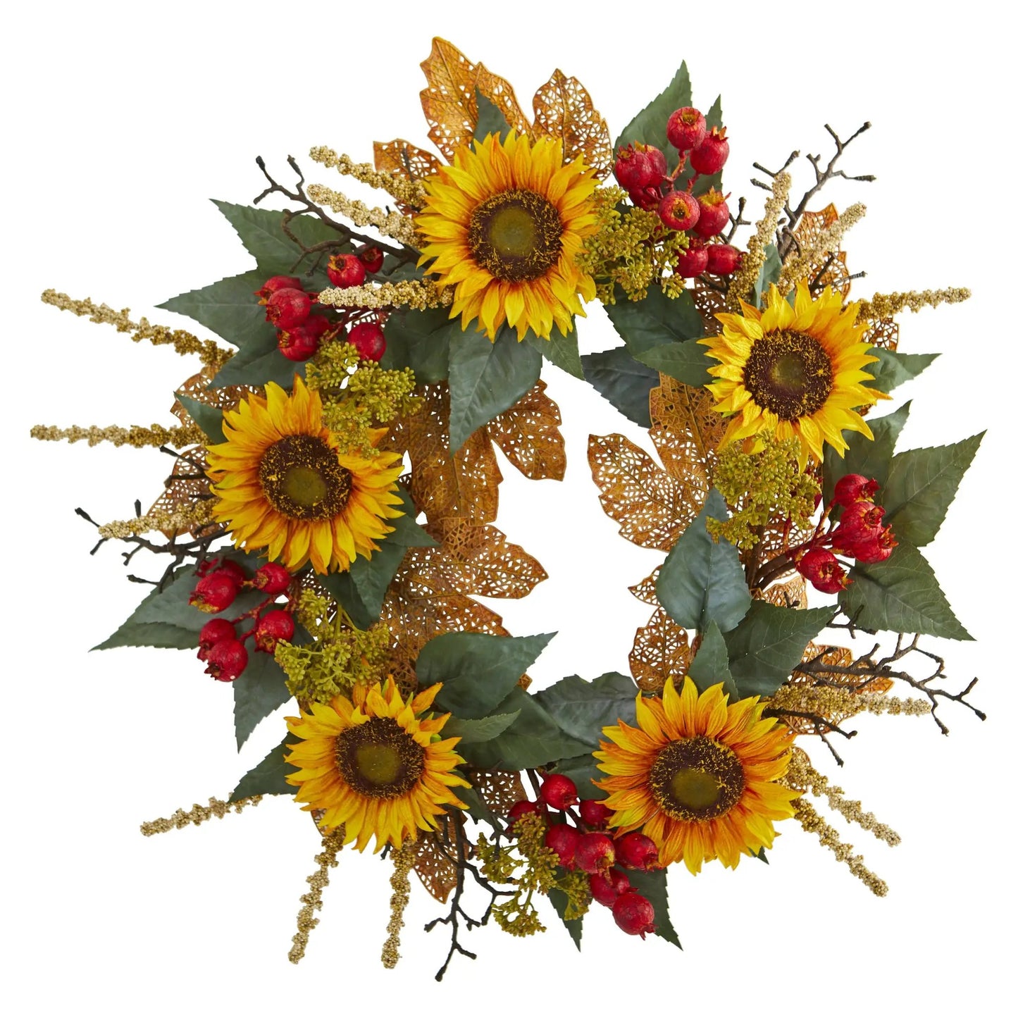Wreath Nearly Natural 27-inch Sunflower Berry artificial with yellow sunflowers and red berries on Tampa Home & Garden Store