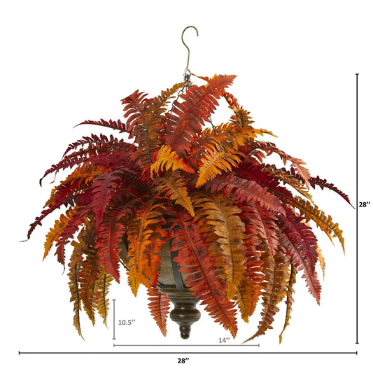 28β Autumn Boston Fern Artificial Plant in Hanging Metal Bowl - Tampa Home & Garden Store