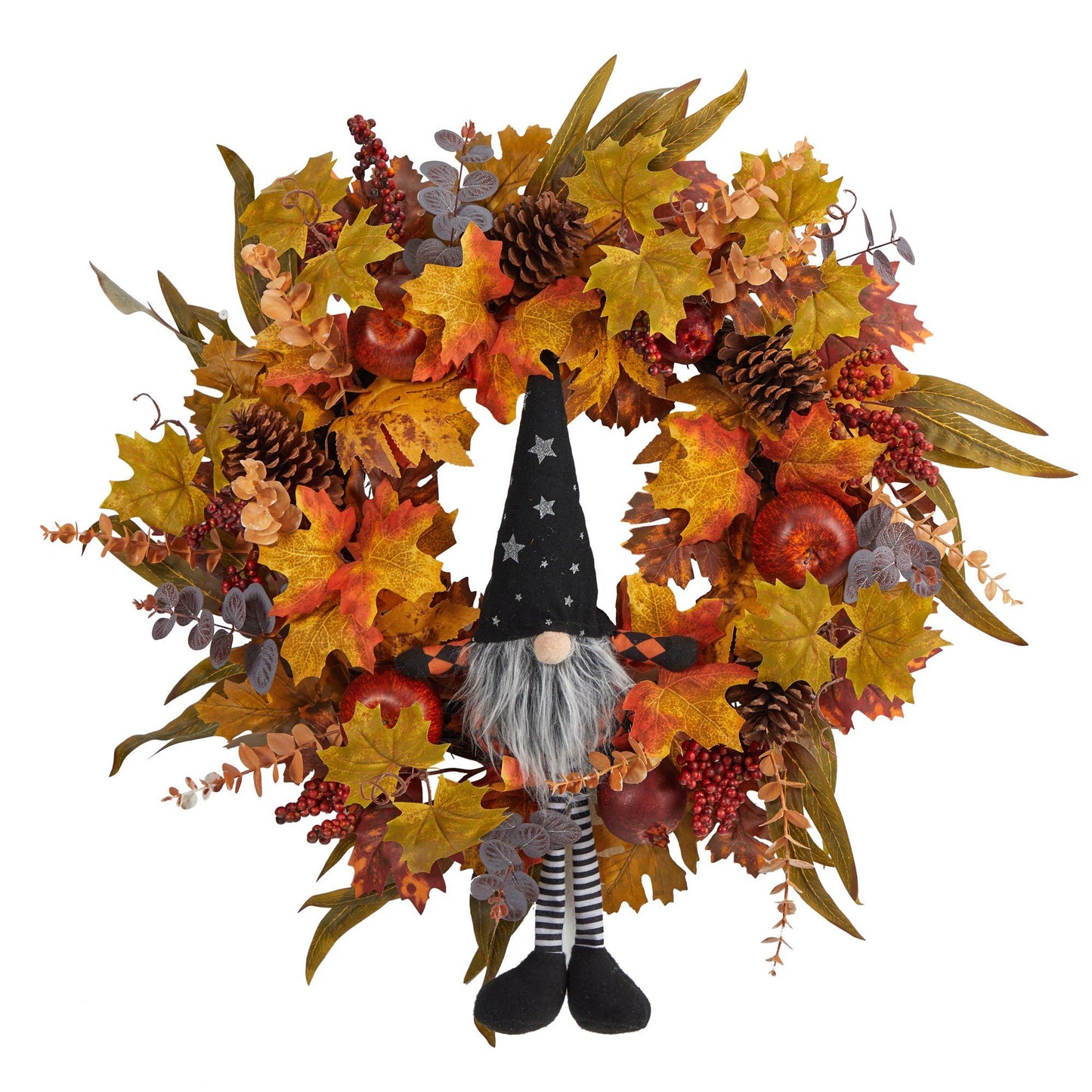 Couronne d'automne artificielle de 28 pouces, motif gnome d'automne