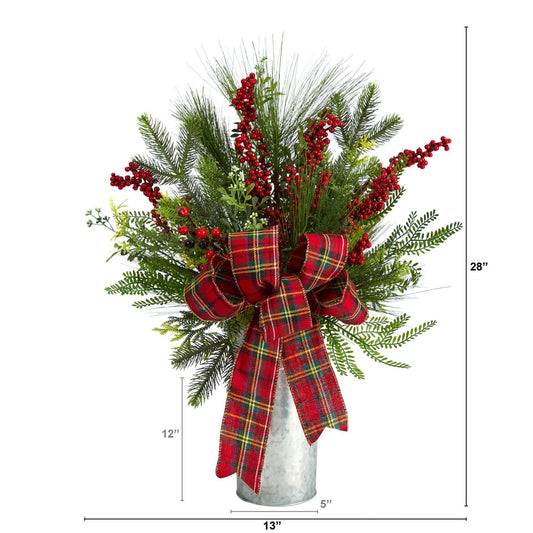 Candelabrum with 28-inch greenery, red berries and plaid bow, Nearly Natural decor on Tampa Home & Garden Store
