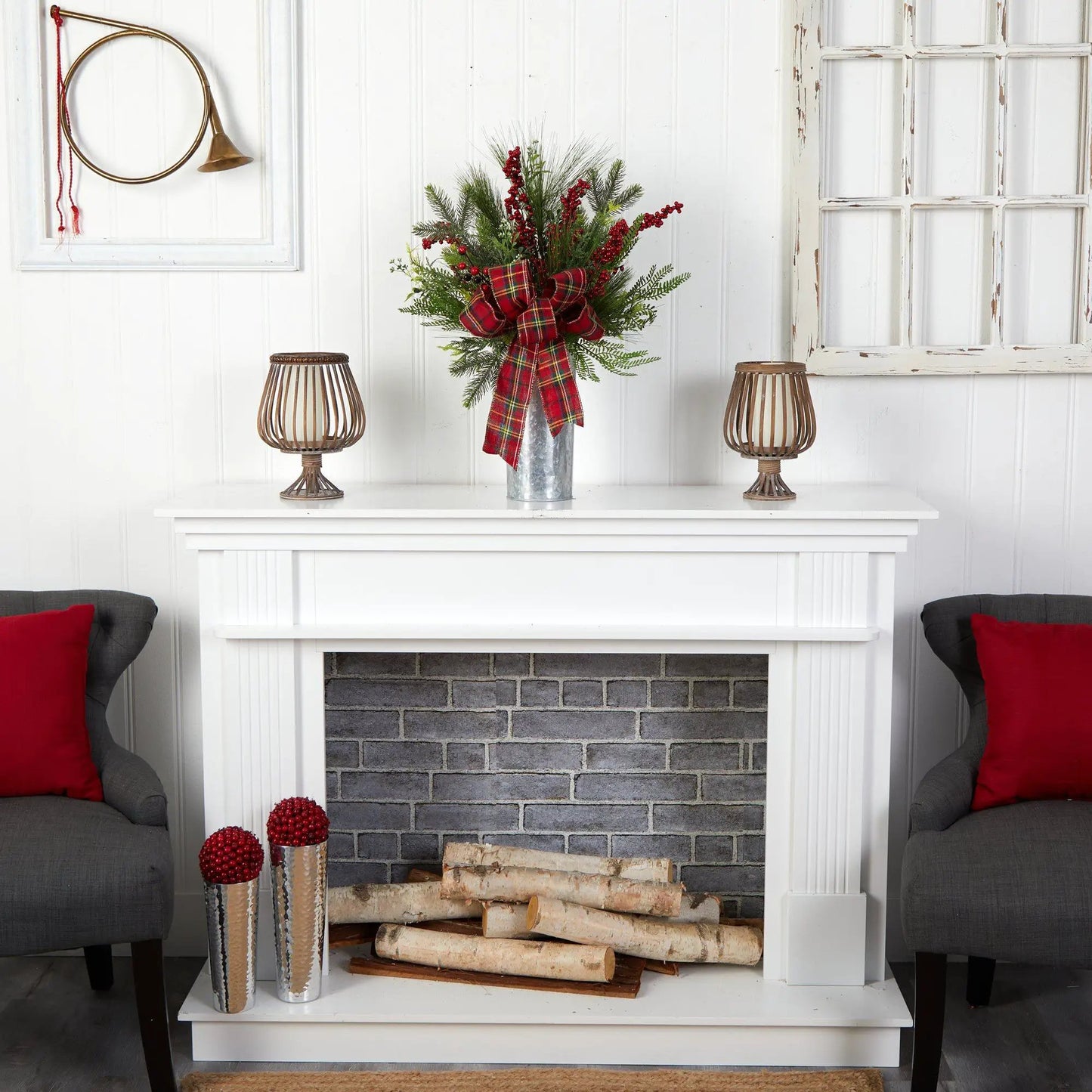Candelabrum centerpiece with 28-inch greenery, red berries and plaid bow in a galvanized vase on Tampa Home & Garden Store