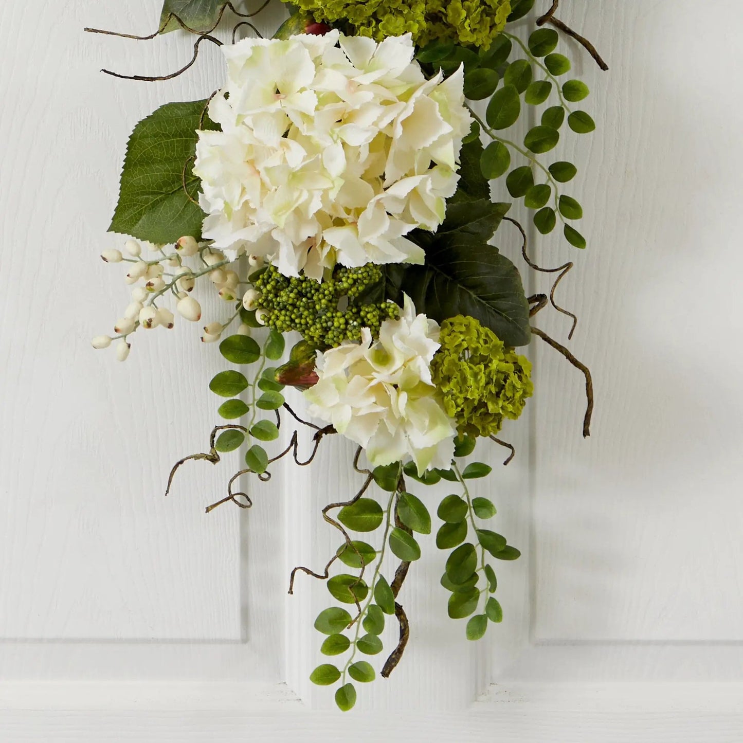 Nearly Natural 28 Inch Hydrangea Teardrop Wall Art with white blooms and green leaves on Tampa Home & Garden Store