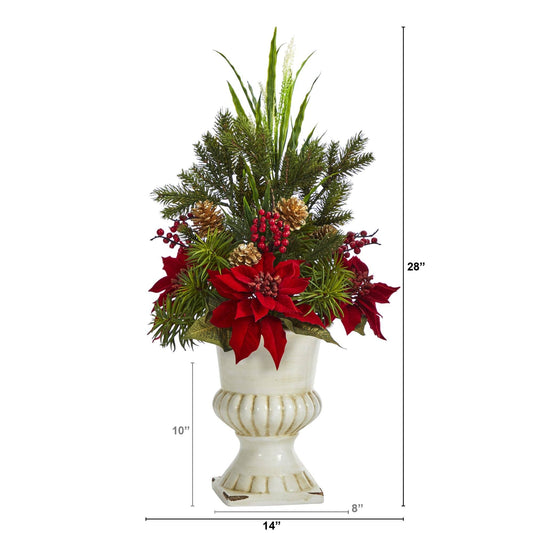 Candelabrum Nearly Natural 28-inch artificial poinsettia, grass and succulents in white urn on Tampa Home & Garden Store