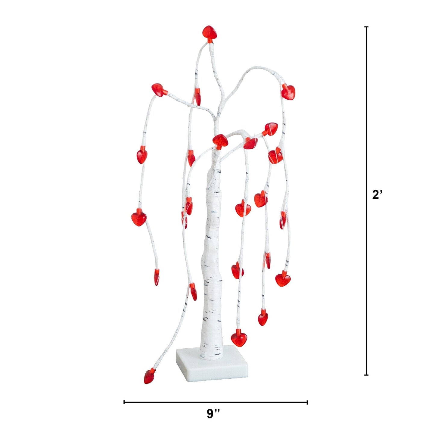 Willow Tree with 24 red heart LED lights, 2 ft, Nearly Natural, birch trunk on square base on Tampa Home & Garden Store