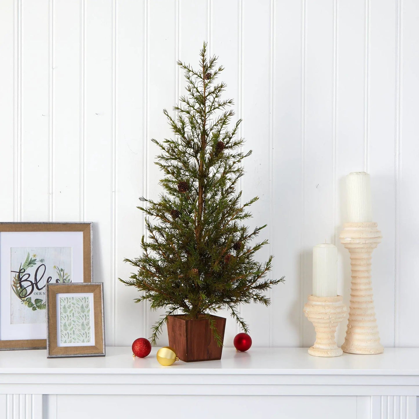 Alpine Natural Look Christmas Tree in Wood Planter, Nearly Natural artificial tree with pinecones on Tampa Home & Garden Store