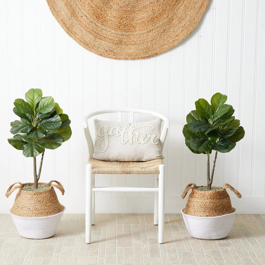 Artificial Fiddle Leaf Fig Trees Planter Kit Set 2; two life-like trees in braided jute planters on Tampa Home & Garden Store