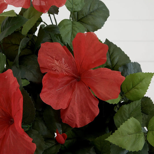 Artificial hibiscus tree 3 ft tall with multiple red blooms and dark green serrated leaves on Tampa Home & Garden Store