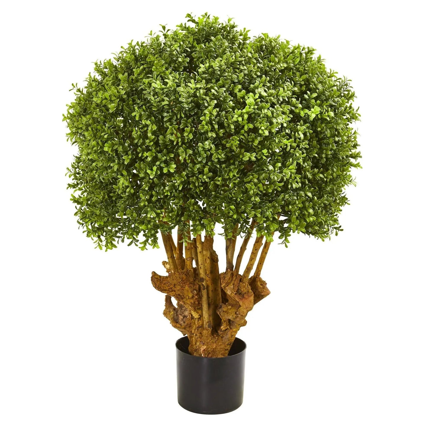 Three ft boxwood artificial topiary tree with green leaves in a black pot on Tampa Home & Garden Store