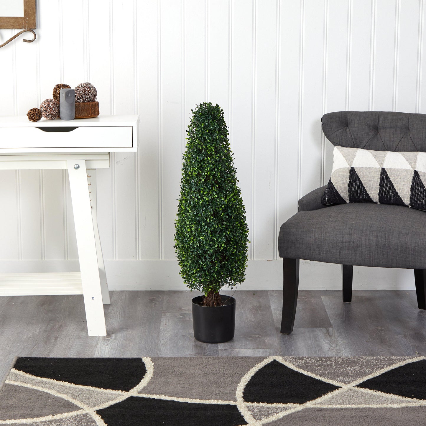 Nearly Natural 3’ Boxwood Tower Topiary UV Resistant artificial plant in black pot on Tampa Home & Garden Store
