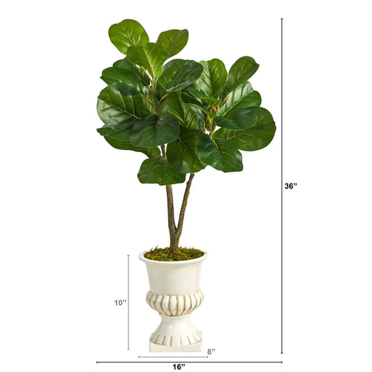Fiddle Leaf Fig Artificial Tree in White Urn by Nearly Natural, 3 ft tall on Tampa Home & Garden Store