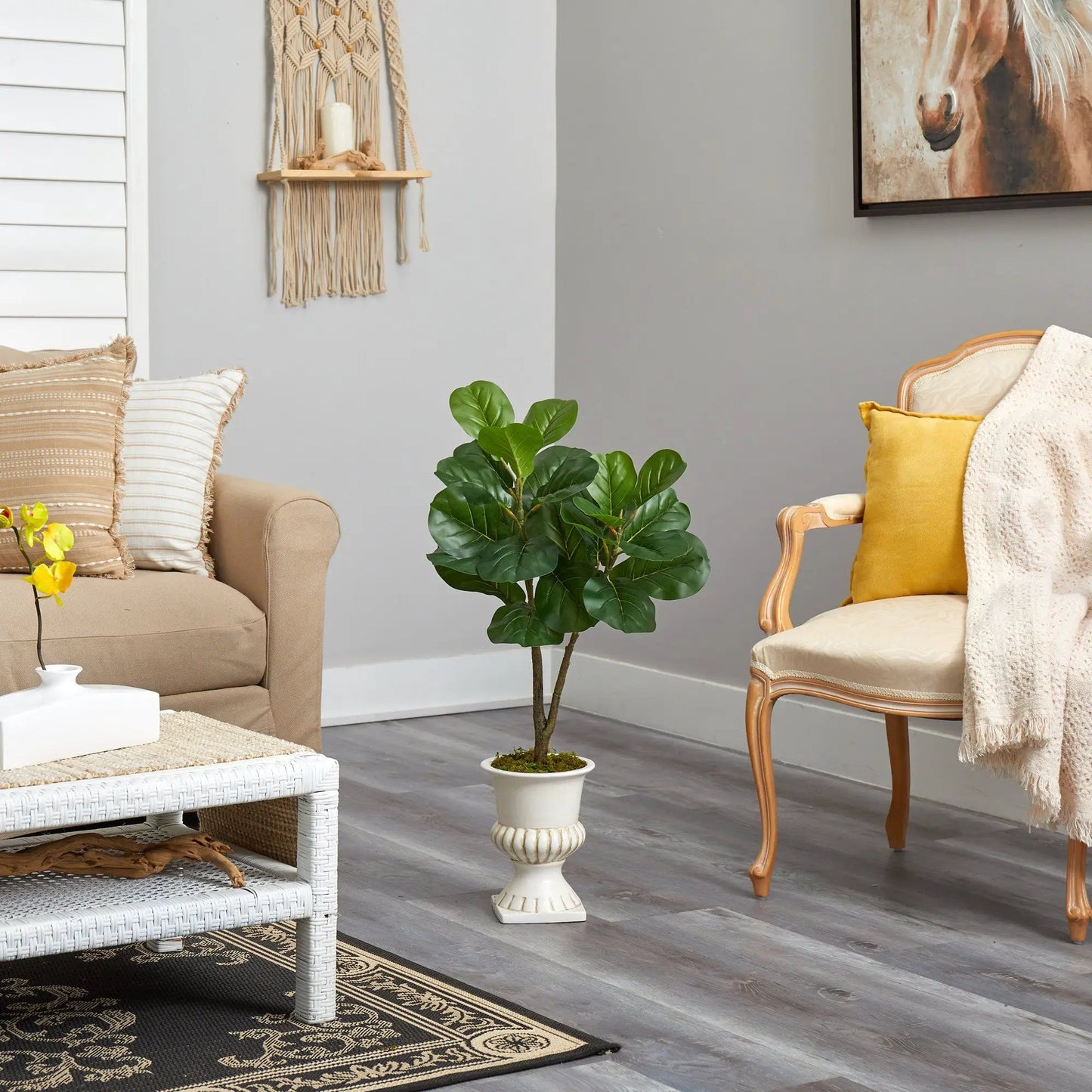 Fiddle Leaf Fig Artificial Tree in White Urn, Nearly Natural, 3 ft tall with glossy leaves on Tampa Home & Garden Store