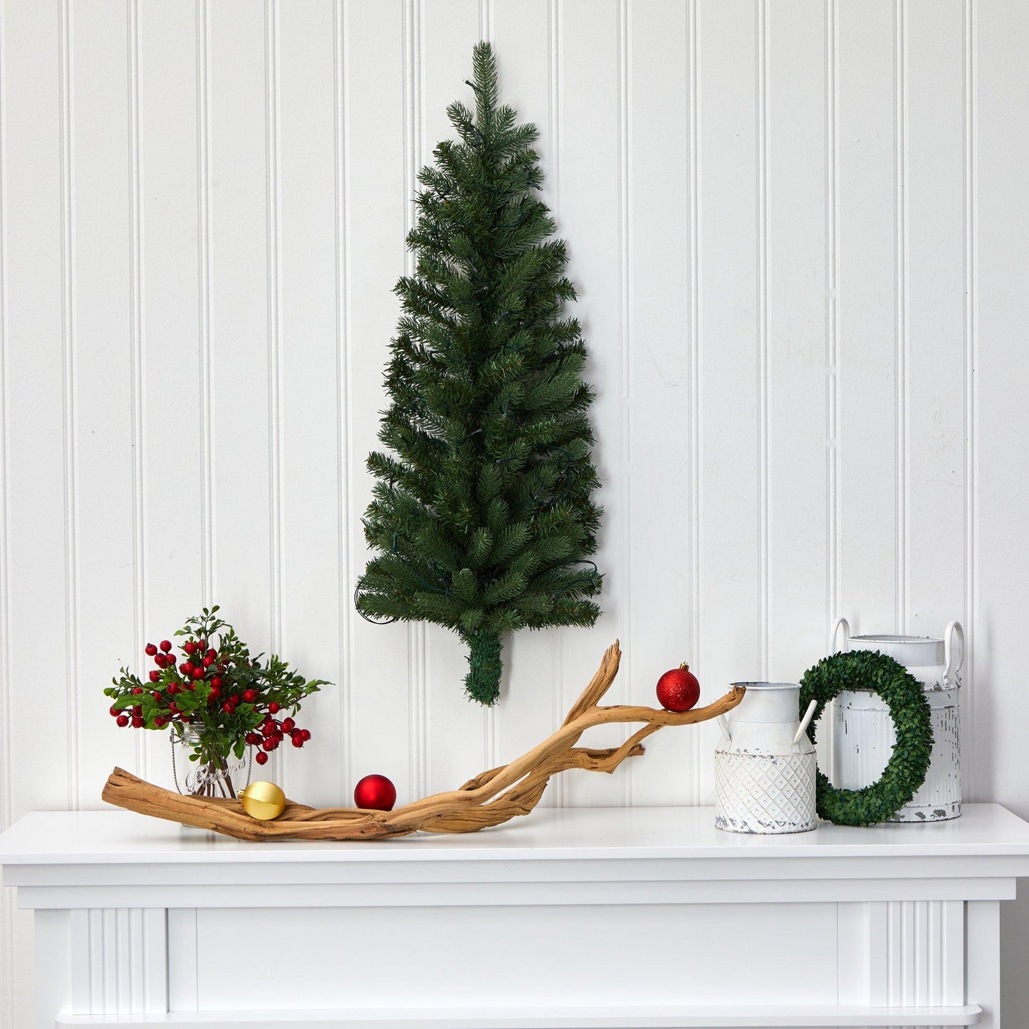 Árbol de Navidad artificial de 3' para colgar en la pared con 35 luces LED transparentes