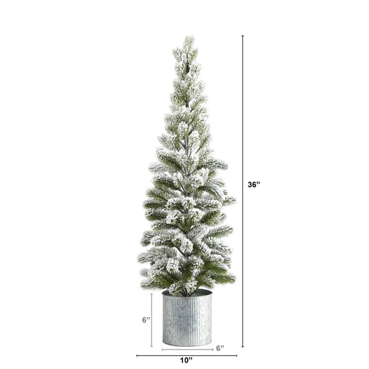 Flocked artificial Christmas tree in galvanized tin planter by Nearly Natural, 36 in tall on Tampa Home & Garden Store