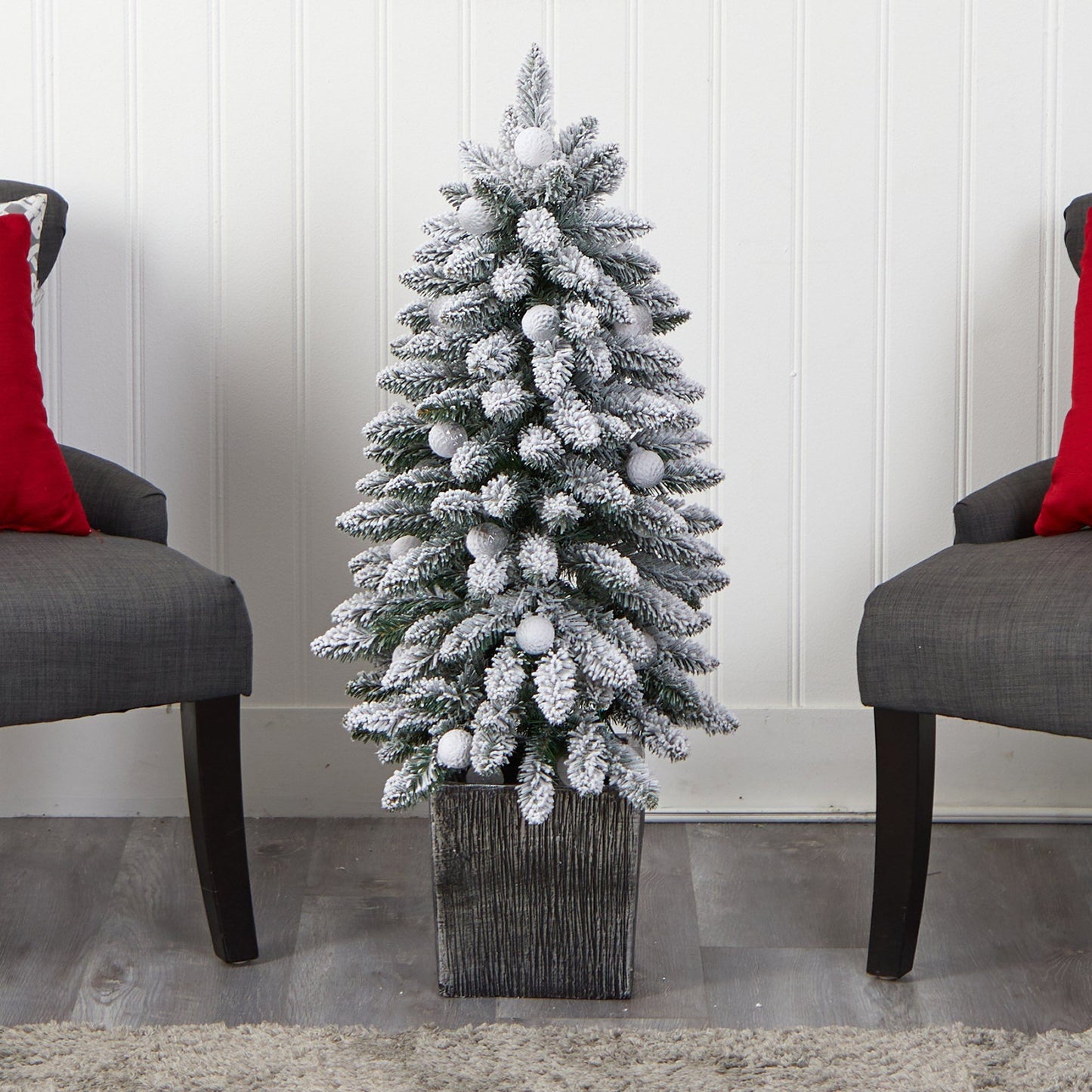 Nearly Natural 3 ft flocked Highland fir tree with 127 branches in a textured black planter on Tampa Home & Garden Store