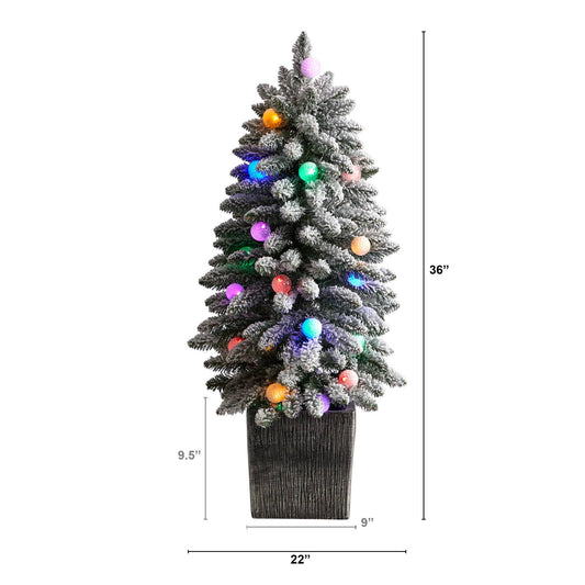 3’ Flocked Highland Fir Tree with 127 Branches and 20 LED Globe Lights in Decorative Planter - Tampa Home & Garden Store