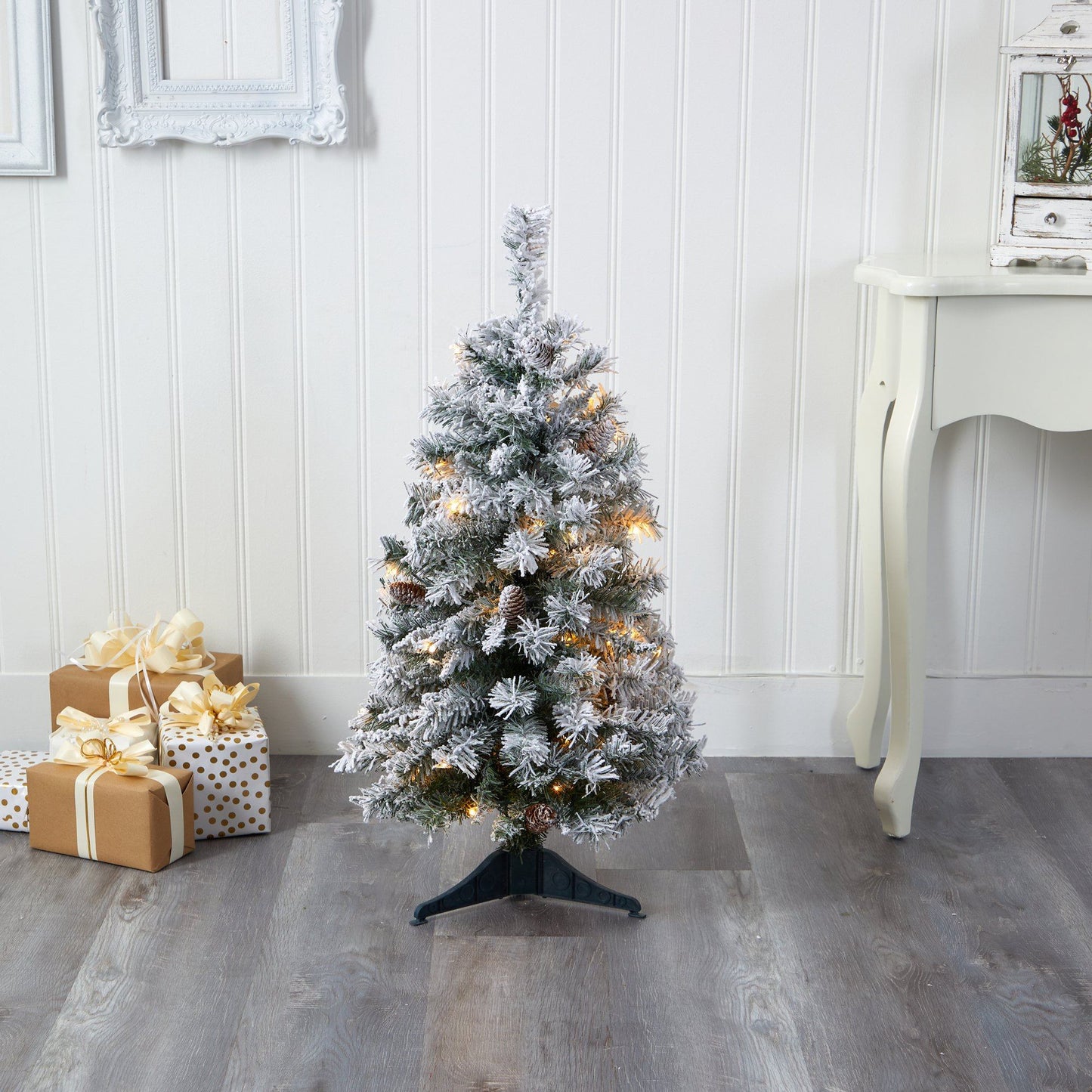 Flocked white pine Christmas tree, 3 ft, pre-lit with warm white lights on Tampa Home & Garden Store